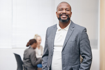 Portrait, business and happy black man in office, workplace or corporate company for job. Agent,...