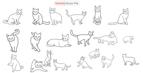  Cute cat line art illustration icon design template vector. set cat sitting on wall one line art vector illustration. minimalist cat illustration design, cat line art design.  Minimalist cats line ar