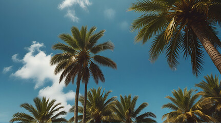 Blue sky and palm trees view from below, vintage style, summer panoramic background, tropical travel web banner, Generative.AI

