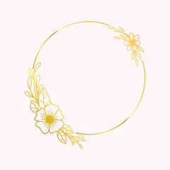 Gold circle floral frame with hand drawn leaves and flower decoration