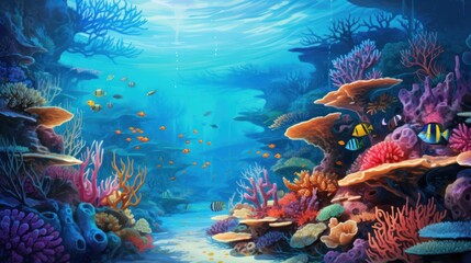 Fototapeta na wymiar Vibrant underwater scene teeming with colorful fish and coral reef in an aquarium setting