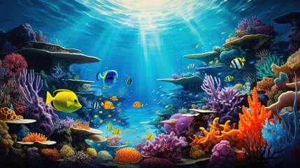 Obraz premium Vibrant underwater scene teeming with colorful fish and coral reef in an aquarium setting