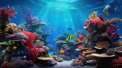 Vibrant underwater scene teeming with colorful fish and coral reef in an aquarium setting