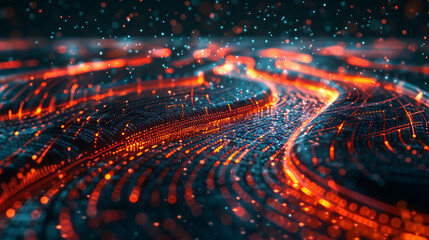 Futuristic depiction of data flowing through a digital landscape, with streams of light representing the transfer of information across a technological network.