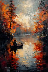 Oil painting of a fisherman fishing in a small boat on a forest lake