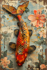 This is an oil painting depicting a crucian carp swimming in a flowery pond.