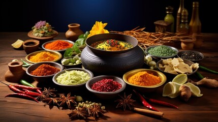 Indian food set,india depicted ,various Indian food on the table