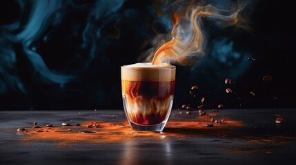 A close-up of a glass coffee on a black background
