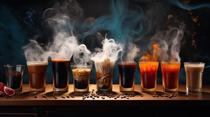 Set of drink glasses on a black background.