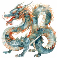 A blue dragon with orange scales and red eyes