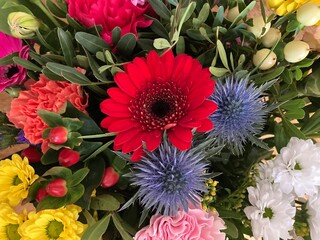 Bunte, verschiedene Blumen im Blumenstrauß - herzlichen Glückwunsch zum Geburtstag
