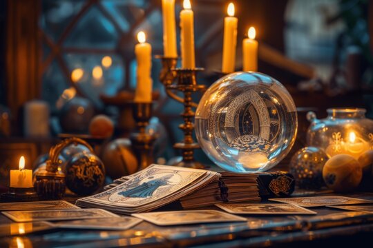 Candles are lit and lit on a table with a crystal ball. Fortune teller concept background 