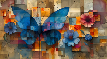Butterfly Collage: Watercolor Cubist Portrait of Blue Butterflies and Flowers - obrazy, fototapety, plakaty