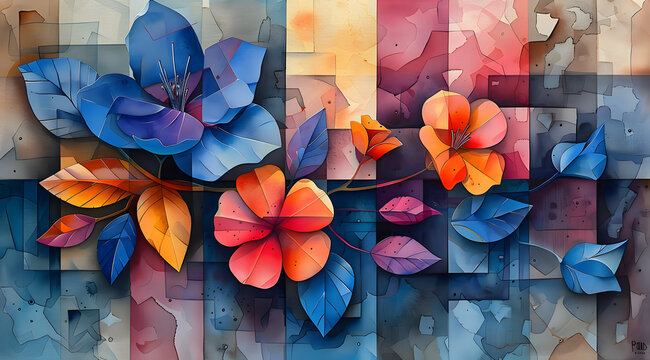 Cubist Flutter: Watercolor Exploration of Blue Butterflies and Floral Fragments