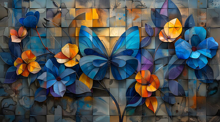 Fragmented Blooms: Watercolor Cubist Interpretation of Blue Butterflies Amidst Flowers - obrazy, fototapety, plakaty