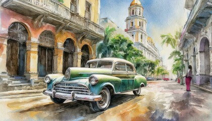 an old car from the 50s, in a Cuban city, Watercolor art, soft watercolor art, soft brush strokes,...