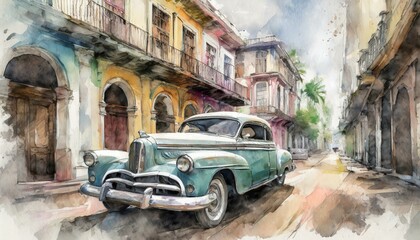 an old car from the 50s, in a Cuban city, Watercolor art, soft watercolor art, soft brush strokes, pencil drawing AI Generated - obrazy, fototapety, plakaty