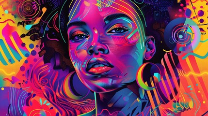 a vibrant digital artwork of a woman portrait for a captivating popup poster. Emphasize colorful tones and intricate details in the illustration