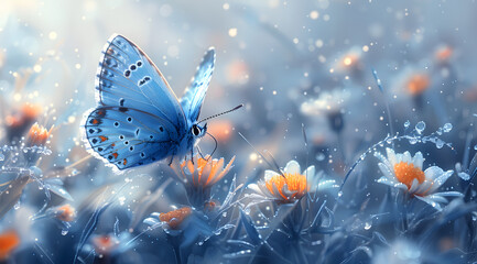 Frost-Kissed Flutter: Watercolor Scene of Blue Butterflies Amidst Snowy Petals