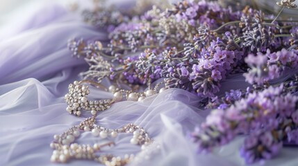 Purple flowers and pearls on cloth
