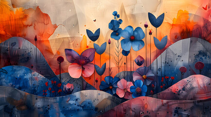 Geometric Symphony: Abstract Watercolor Exploration of Blue Butterflies and Flowers