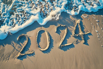2024 written in the sand on a summer beach. 2024 summer vacation