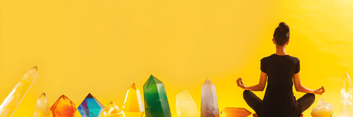 Crystal therapist meditation web banner. Therapist meditating with crystals on yellow background.