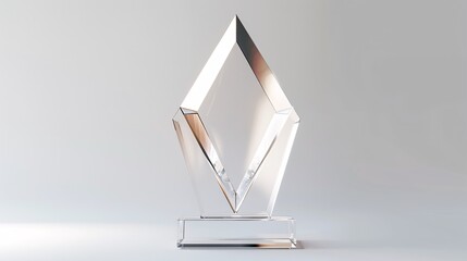 3D rendered mockup of an arrow-shaped glass trophy with an acrylic award design, transparent crystal plate template, and premium grand prix prize plaque on a white background.