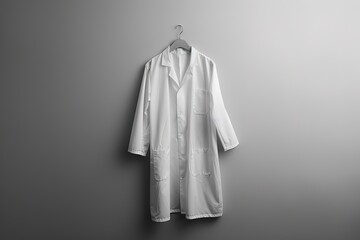 A white lab coat hangs on a hanger against a gray background.