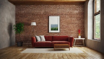 modern living room with red sofa, couch, wall, house, floor, chair, apartment