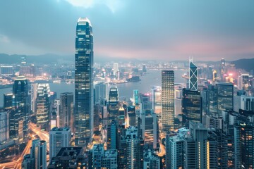 Obraz premium bustling business district skyline at dusk