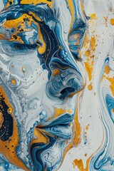 portrait of a human in marbling art, color white blue and gold, emotive facial expressions, awe, realistic liquid motion, in the style of ebru, organic and fluid, divine 