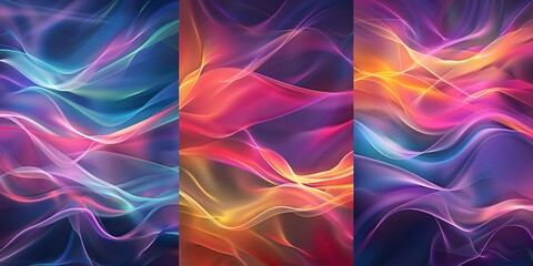 Colorful set of posters with abstract designs, featuring a futuristic holographic effect and a retro vibe from the 80s and 90s. Ideal for brochures, banners, wallpapers, and mobile screens.