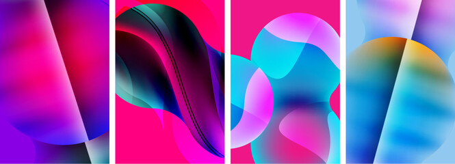 A vibrant collage of colorful abstract images featuring shades of purple, pink, violet, and magenta. Shapes include rectangles, petals, and unique artistic designs