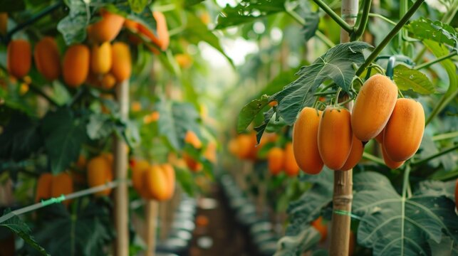 Exotic fruits such as papaya are grown on trees in gardens and greenhouses alongside other tropical plants, producing juicy and nutritious fruits.