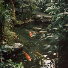 Japanese koi fish swim gracefully in a serene pond amidst lush greenery and moss-covered rocks, surrounded by the calming sounds of flowing water