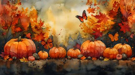 Fluttering Harvest: Watercolor Depiction of Butterflies Amongst Pumpkins and Acorns in Autumn