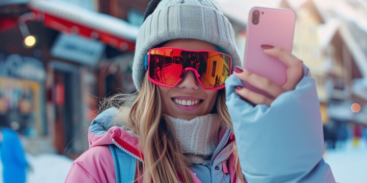 A youthful female donning ski attire capturing a photo using her mobile device.