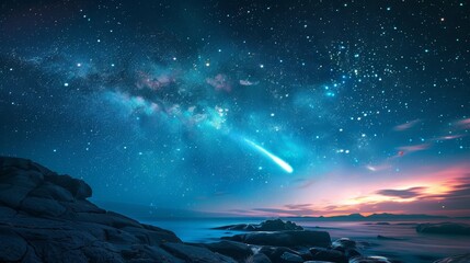 a beautiful landscape with a starry night sky and a comet