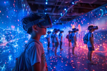 Children immersed in a futuristic virtual reality experience with vibrant blue lights.