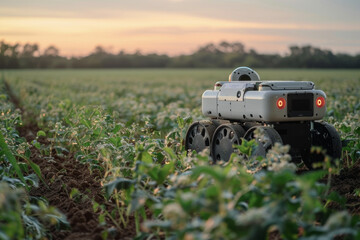 Agri-robotics at work in a field, demonstrating automated weeding, the future of labor in farming, late afternoon golden hour light casting dynamic shadows .