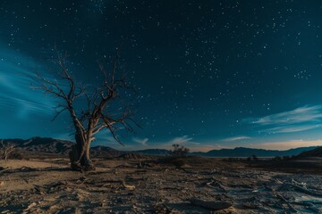 Fototapeta na wymiar Starry Night Over Barren Tree and Desert Landscape
