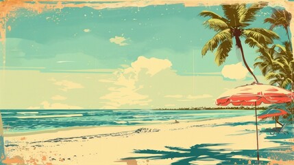 retro-inspired poster featuring a stylized summer beach scene, reminiscent of vintage travel advertisements  