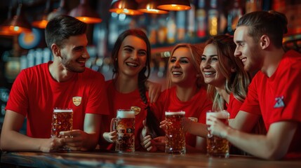 A group of four young people wearing red shirts and beer glasses in a bar looked like they were enjoying the competition.