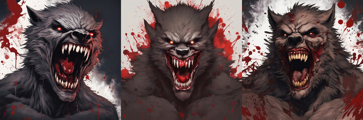 Scary wolf with huge mouth and big teeth - set of three.