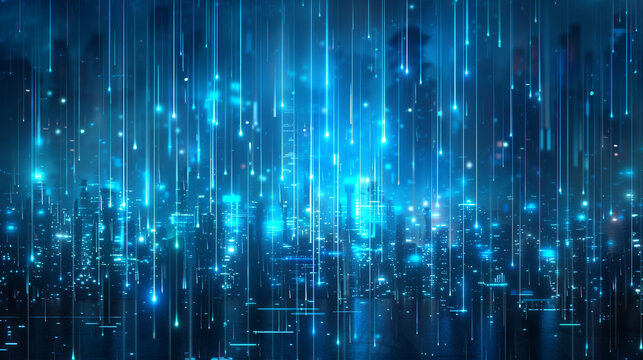 A detailed image of blue, glowing digital rain against a dark, cyber-inspired cityscape background, representing the constant flow of information through the internet.