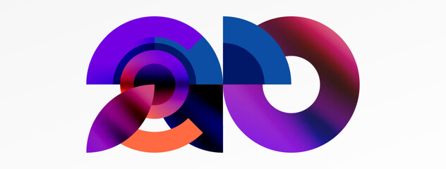 A vibrant logo design for a company called 20, featuring a modern art font in shades of purple, magenta, and electric blue, enclosed in a circle pattern symbol