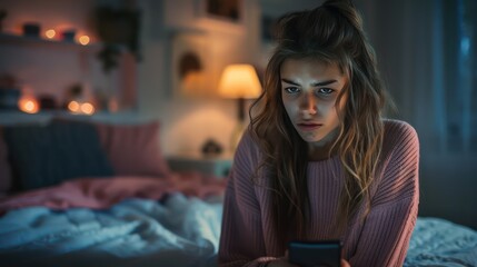 Portrait of a young woman sitting sadly waiting for a call in a bedroom, looking at a cell phone, sad face.