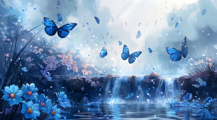 Eco-Friendly Elegance: Blue Butterflies and Hydroelectric Wheel in Watercolor Harmony