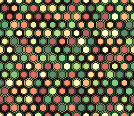 Vector seamless pattern. Geometric elements of varied style and color. Hexagon cells. Tileable pattern. Seamless background. Stylish vector illustration.